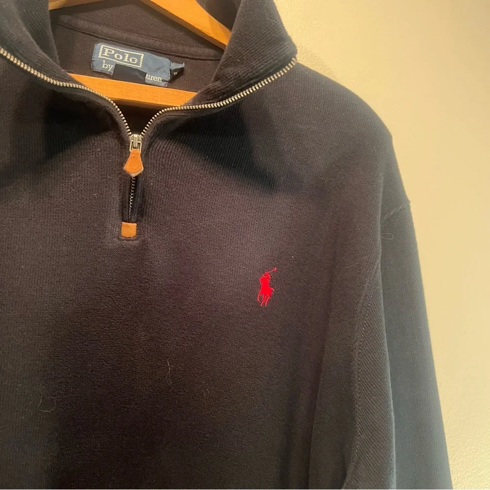 Polo by Ralph Lauren 1/4 Zip Pullover Heavy Knit Shirt Mens L 100% Cotton Black